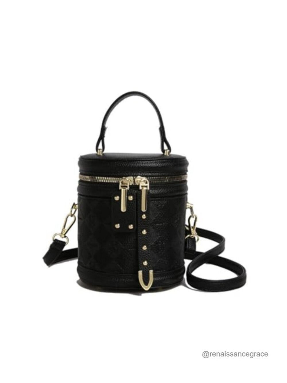 Vegan Leather Mini Bucket Crossbody Bag Quilted Cylinder Purse 3-Way Carry